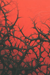 Aufkleber - A dynamic composition featuring intertwined, sharp-spiked vines in a vivid green hue on a bold crims