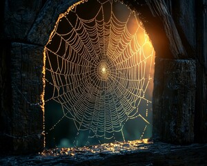 Intricate Spider Web Glistening in Abandoned Cabin s Corner