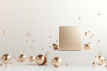 Poster - A minimalist product setup showcases a matte gold box surrounded by geometric gold shapes and soft glowing light, set against a clean neutral background. Ideal for modern branding