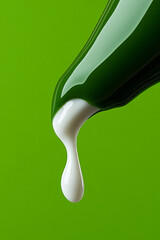 Poster - A macro view of a green lotion pump being pressed, capturing the smooth flow of white cream onto a w