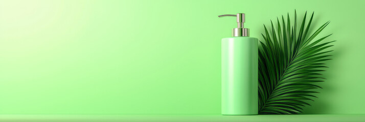 Poster - A clean, minimalist composition focusing on a green dispenser and the glossy white lotion released u