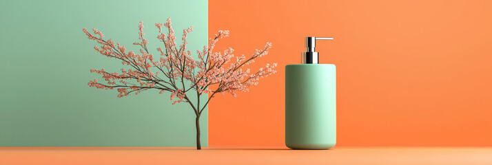 Aufkleber - A clean, minimalist composition focusing on a green dispenser and the glossy white lotion released u