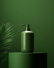 Aufkleber - A lifestyle scene capturing a green pump dispenser mid-press, the white lotion forming a subtle curv