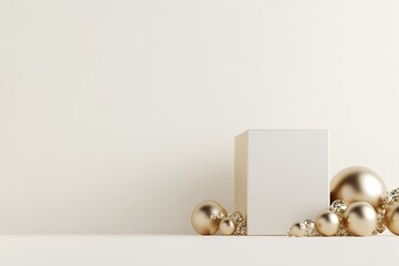Poster - A stylish product setup highlights a matte gold box among geometric spheres and cubes. Soft glowing light enhances the high-end feel, creating ample space for text overlay