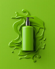 Aufkleber - A lifestyle scene capturing a green pump dispenser mid-press, the white lotion forming a subtle curv