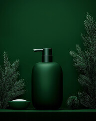 Aufkleber - A lifestyle scene capturing a green pump dispenser mid-press, the white lotion forming a subtle curv