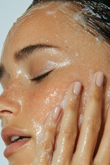 Aufkleber - A clean, minimal shot highlighting a womanâ€™s serene profile, smoothing a pearly hair cream into he