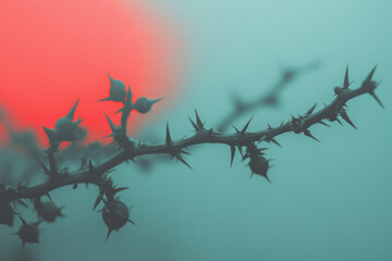 Aufkleber - A close-cropped view of thorn-covered vines, their vivid green color accentuated by a warm red gradi