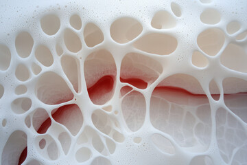 Poster - A macro shot of a white porous surface, highlighting bold red liquid coursing through its naturally