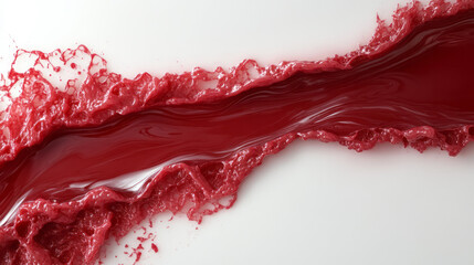 Poster - An abstract composition featuring deep red fluid flowing in thin rivulets across a textured, white,