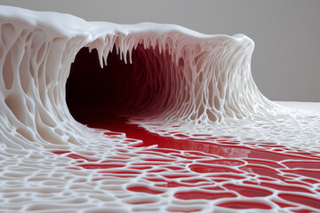 Aufkleber - A visually striking shot of vivid crimson liquid trickling through a maze of white pores, emphasizin