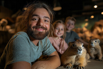 Aufkleber - A lively prairie dog interacting with family members in a spacious indoor habitat, highlighting its
