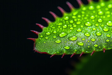 Poster - A macro shot of a Venus flytrapâ€™s razor-edged, red-tipped spines against vibrant green leaves, hig