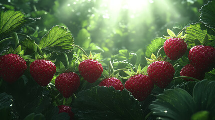 Aufkleber - A sunlit strawberry bed displaying clusters of tiny red strawberries amid healthy, emerald-hued foli