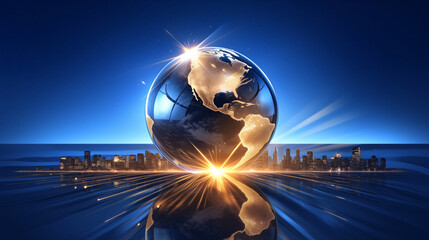 Wall Mural - A large earth floats above a city of buildings in deep blue-based space. Illustration photo with light shining through.