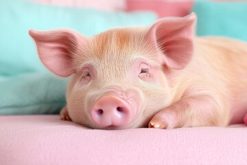 Poster - A charming miniature pig lounging comfortably in a cozy living room, surrounded by plush cushions an