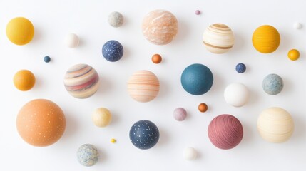 Wall Mural - Colorful arrangement of various spherical objects resembling planets on a white background