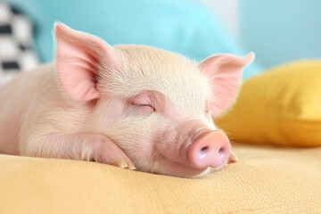 Poster - A charming miniature pig lounging comfortably in a cozy living room, surrounded by plush cushions an