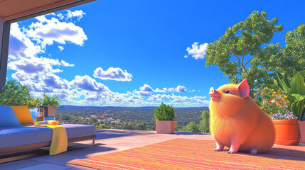 Aufkleber - A creative digital artwork depicting a mini pig enjoying a sunny spot on a modern patio, surrounded