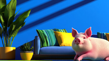 Poster - A creative digital artwork depicting a mini pig enjoying a sunny spot on a modern patio, surrounded