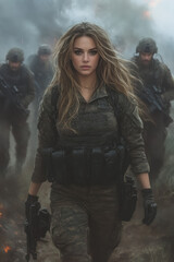 Aufkleber - An artistic portrayal of a woman in a military uniform leading her team during a strategic operation