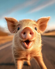 Poster - A detailed close-up of a miniature pig's face with expressive eyes and a friendly smile, capturing i