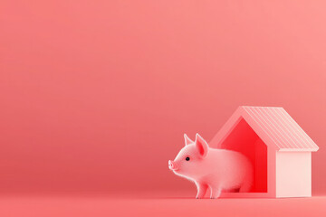 Poster - A minimalist illustration of a mini pig in a stylish pet house, with clean lines and soft colors, re