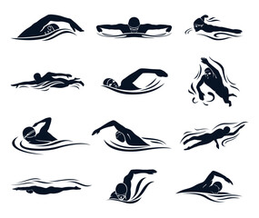 Swimmer male athlete silhouette swimming in water waves icon set vector flat illustration