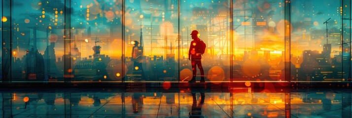 Wall Mural - two silhouetted figures standing in a modern glass building with a glowing cityscape and dramatic su