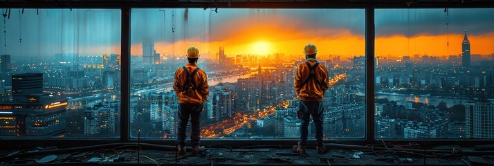 Wall Mural - two silhouetted figures standing in a modern glass building with a glowing cityscape and dramatic su