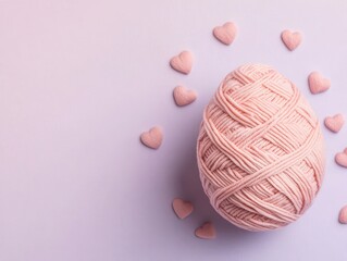 Wall Mural - Colorful yarn egg with small heart decorations on a pastel gradient background. Handmade Easter day decoration.