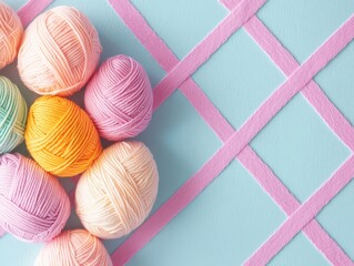 Wall Mural - Yarn easter eggs on pastel crisscross background. Handmade Easter day decoration.