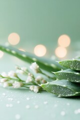 Poster - Aloe vera leaves intertwine beautifully with small white and pastel flowers, set against a smooth surface and gentle green backdrop, allowing for text overlay in a tranquil atmosphere