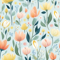Wall Mural - Floral pattern with colorful spring flowers and leaves on a light pastel background Generative AI