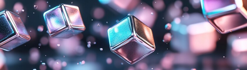Poster - Reflective metallic cubes suspended in mid-air feature glowing neon edges in purple, blue, and green. Soft glowing particles enhance the futuristic and playful ambiance