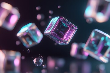 Poster - A captivating arrangement of reflective metallic cubes floats with glowing neon edges in purple, blue, and green, surrounded by soft glowing particles against a dark background