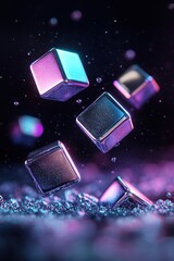 Poster - Reflective metallic cubes hover in mid-air, enhanced by glowing neon edges in purple, blue, and green against a dark backdrop with soft particles, lending a playful yet futuristic vibe