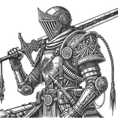 Wall Mural - cyberpunk armored knight sword engraving raster