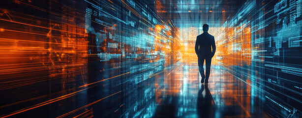 Poster - Technology background featuring a person walking through a digital corridor at dusk