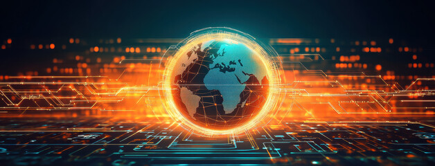 Poster - Technology background featuring a digital Earth with glowing connections and circuits symbolizing global networking and innovation