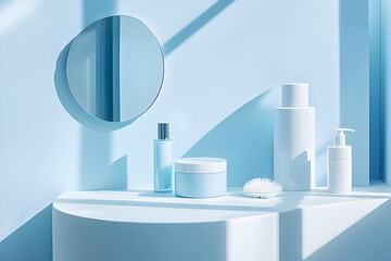 Light blue and white minimalist geometric background perfect for showcasing cosmetics in a clean, refined manner.