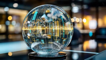 Fototapete - A holographic globe illustrates data trends and analytics in a sleek, modern workspace with ambient lighting