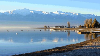 Wall Mural - Calm lake sunrise, snowy mountains, shoreline village, travel poster