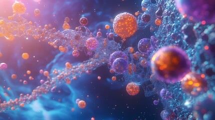 Poster - 3D rendering of the concept of molecular communication, with colorful molecules and spheres floating in space connected by thin filaments that resemble veins or pathways