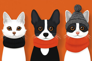 Naklejka na meble Three animals in scarves and hats on orange background