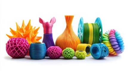 Poster - Colorful assortment of 3D-printed decorative objects in various shapes and sizes on a white background