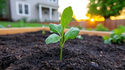 Wall Mural - Local foods gardening idea. A young green plant sprouting from rich soil under a warm sunset glow.