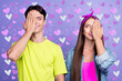 © deagreez - Photo of curious couple palm cover one eye look each other wear pin-up outfit isolated violet color background