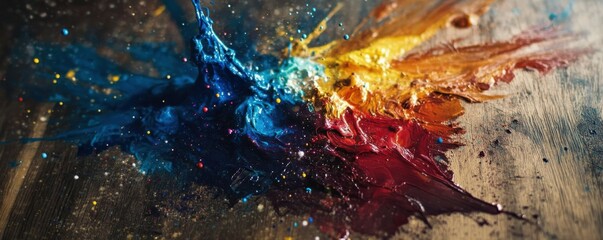 Poster - Vibrant explosion of colorful paints on wooden surface