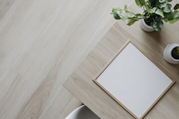 Poster - Elegant minimalist design of a blank poster frame on sleek wooden floor with modern decor elements for creative inspiration